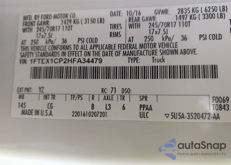 2017 Ford F-150 Xl z USA, uszkodzony, nr VIN 1FTEX1CP2HFA34479